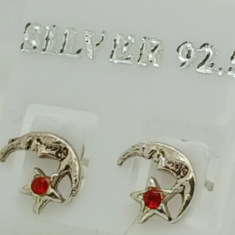 925 Sterling Silver Crescent Moon and Star Red Crystal‎ Stud Earrings Celestial